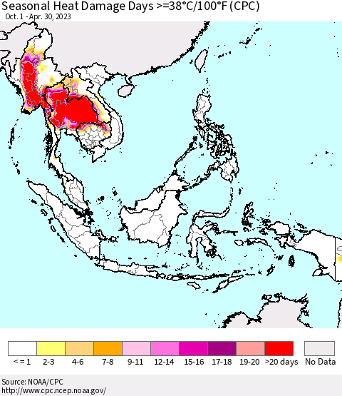 South East Asia Seasonal Heat Damage Days >=38°C/100°F (CPC) Thematic Map For 10/1/2022 - 4/30/2023