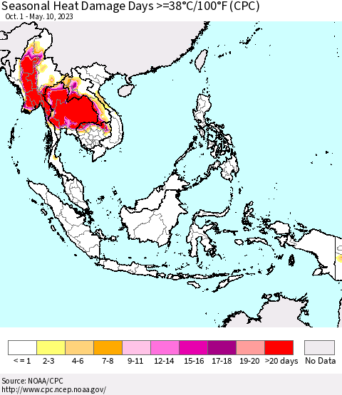 South East Asia Seasonal Heat Damage Days >=38°C/100°F (CPC) Thematic Map For 10/1/2022 - 5/10/2023