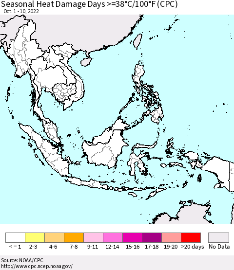 South East Asia Seasonal Heat Damage Days >=38°C/100°F (CPC) Thematic Map For 10/1/2022 - 10/10/2022