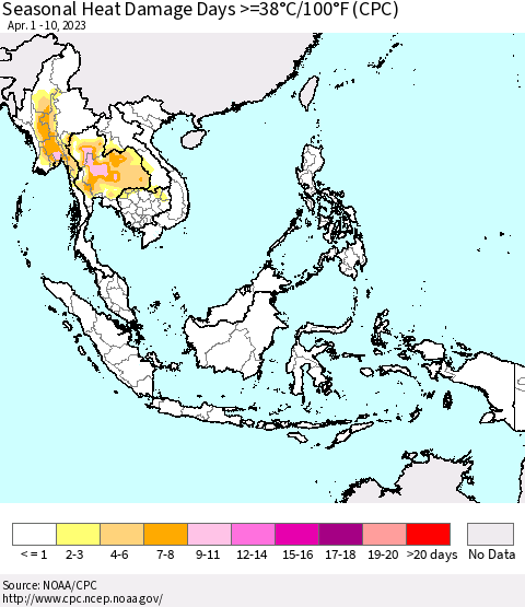 South East Asia Seasonal Heat Damage Days >=38°C/100°F (CPC) Thematic Map For 4/1/2023 - 4/10/2023