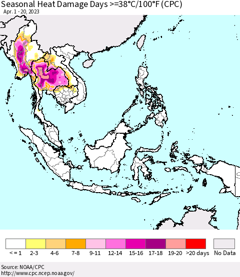 South East Asia Seasonal Heat Damage Days >=38°C/100°F (CPC) Thematic Map For 4/1/2023 - 4/20/2023