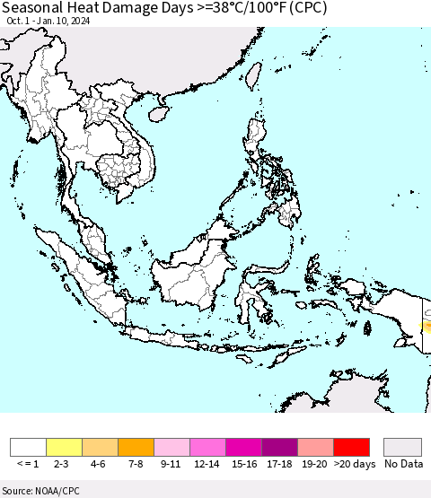 South East Asia Seasonal Heat Damage Days >=38°C/100°F (CPC) Thematic Map For 10/1/2023 - 1/10/2024