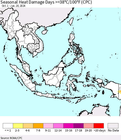 South East Asia Seasonal Heat Damage Days >=38°C/100°F (CPC) Thematic Map For 10/1/2023 - 1/20/2024