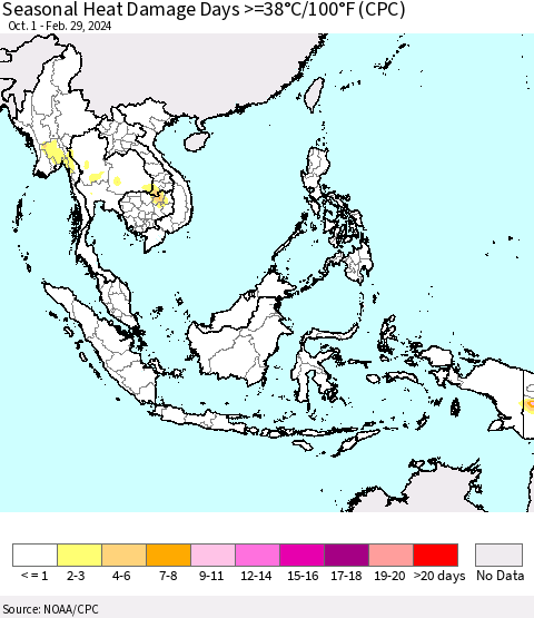 South East Asia Seasonal Heat Damage Days >=38°C/100°F (CPC) Thematic Map For 10/1/2023 - 2/29/2024