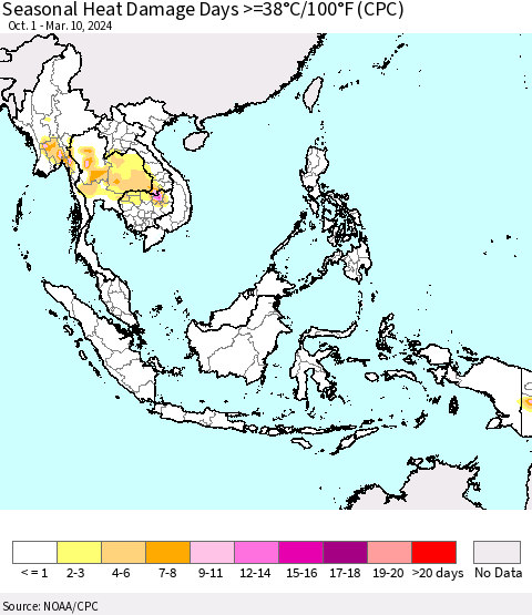 South East Asia Seasonal Heat Damage Days >=38°C/100°F (CPC) Thematic Map For 10/1/2023 - 3/10/2024
