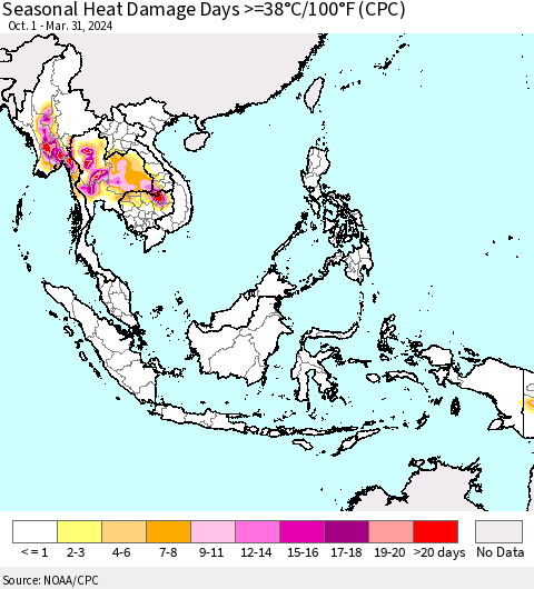 South East Asia Seasonal Heat Damage Days >=38°C/100°F (CPC) Thematic Map For 10/1/2023 - 3/31/2024