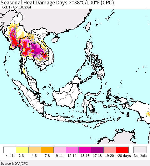 South East Asia Seasonal Heat Damage Days >=38°C/100°F (CPC) Thematic Map For 10/1/2023 - 4/10/2024