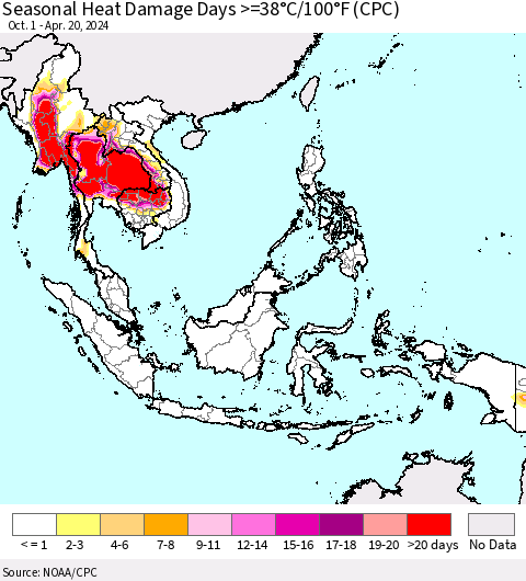 South East Asia Seasonal Heat Damage Days >=38°C/100°F (CPC) Thematic Map For 10/1/2023 - 4/20/2024