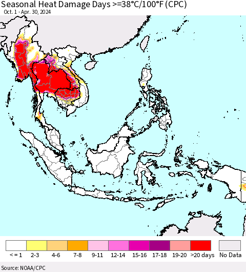 South East Asia Seasonal Heat Damage Days >=38°C/100°F (CPC) Thematic Map For 10/1/2023 - 4/30/2024