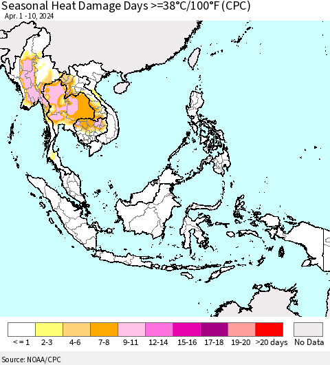 South East Asia Seasonal Heat Damage Days >=38°C/100°F (CPC) Thematic Map For 4/1/2024 - 4/10/2024