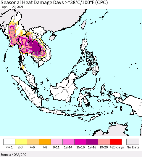 South East Asia Seasonal Heat Damage Days >=38°C/100°F (CPC) Thematic Map For 4/1/2024 - 4/20/2024