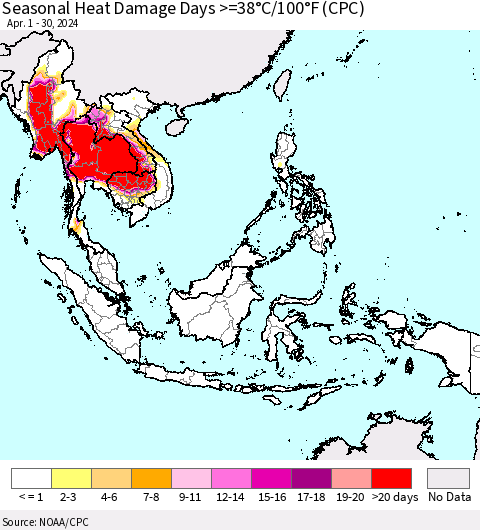 South East Asia Seasonal Heat Damage Days >=38°C/100°F (CPC) Thematic Map For 4/1/2024 - 4/30/2024
