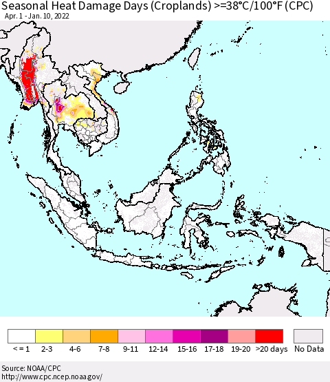 South East Asia Seasonal Heat Damage Days (Croplands) >=38°C/100°F (CPC) Thematic Map For 4/1/2021 - 1/10/2022