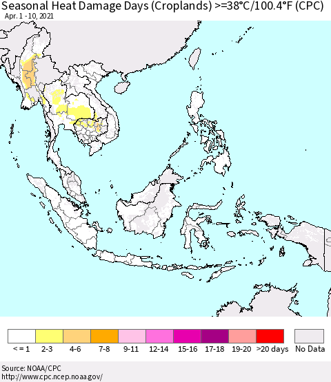 South East Asia Seasonal Heat Damage Days (Croplands) >=38°C/100°F (CPC) Thematic Map For 4/1/2021 - 4/10/2021
