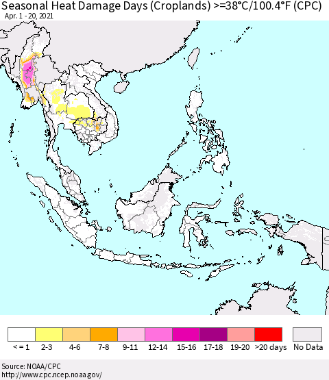 South East Asia Seasonal Heat Damage Days (Croplands) >=38°C/100°F (CPC) Thematic Map For 4/1/2021 - 4/20/2021