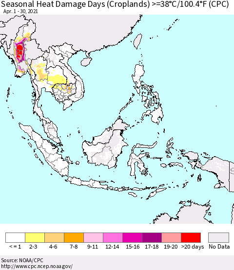 South East Asia Seasonal Heat Damage Days (Croplands) >=38°C/100°F (CPC) Thematic Map For 4/1/2021 - 4/30/2021