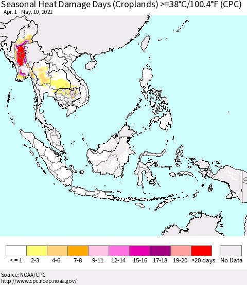 South East Asia Seasonal Heat Damage Days (Croplands) >=38°C/100°F (CPC) Thematic Map For 4/1/2021 - 5/10/2021