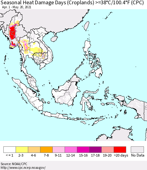 South East Asia Seasonal Heat Damage Days (Croplands) >=38°C/100°F (CPC) Thematic Map For 4/1/2021 - 5/20/2021