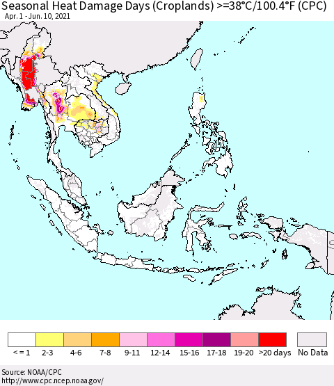 South East Asia Seasonal Heat Damage Days (Croplands) >=38°C/100°F (CPC) Thematic Map For 4/1/2021 - 6/10/2021