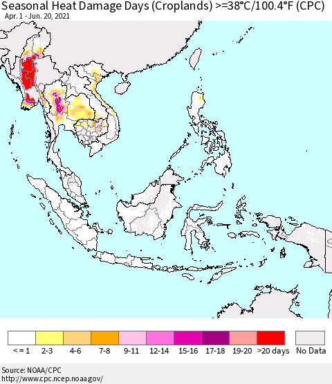 South East Asia Seasonal Heat Damage Days (Croplands) >=38°C/100°F (CPC) Thematic Map For 4/1/2021 - 6/20/2021