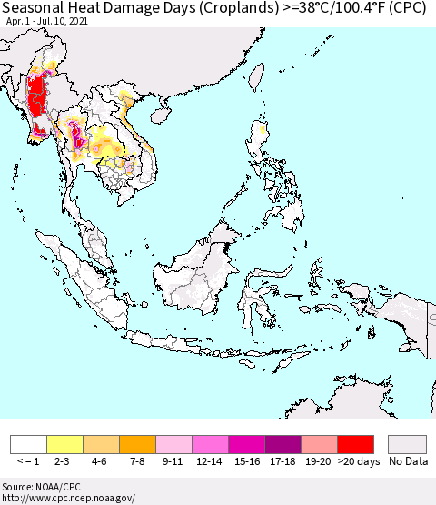 South East Asia Seasonal Heat Damage Days (Croplands) >=38°C/100°F (CPC) Thematic Map For 4/1/2021 - 7/10/2021