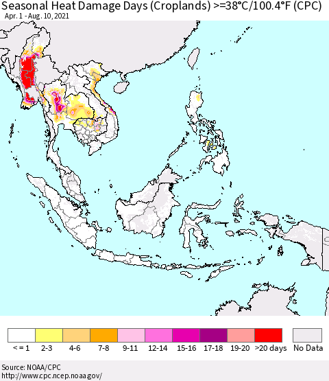 South East Asia Seasonal Heat Damage Days (Croplands) >=38°C/100°F (CPC) Thematic Map For 4/1/2021 - 8/10/2021