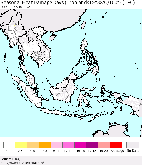 South East Asia Seasonal Heat Damage Days (Croplands) >=38°C/100°F (CPC) Thematic Map For 10/1/2021 - 1/10/2022