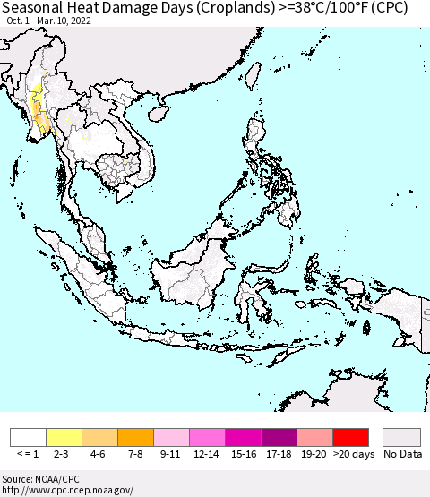 South East Asia Seasonal Heat Damage Days (Croplands) >=38°C/100°F (CPC) Thematic Map For 10/1/2021 - 3/10/2022