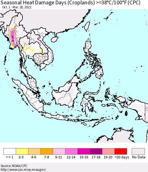 South East Asia Seasonal Heat Damage Days (Croplands) >=38°C/100°F (CPC) Thematic Map For 10/1/2021 - 3/20/2022