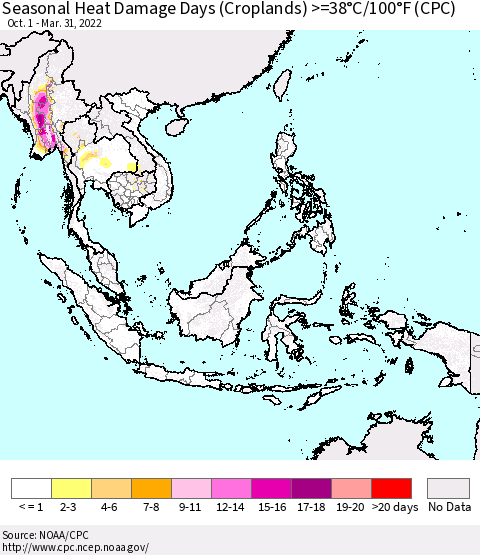 South East Asia Seasonal Heat Damage Days (Croplands) >=38°C/100°F (CPC) Thematic Map For 10/1/2021 - 3/31/2022