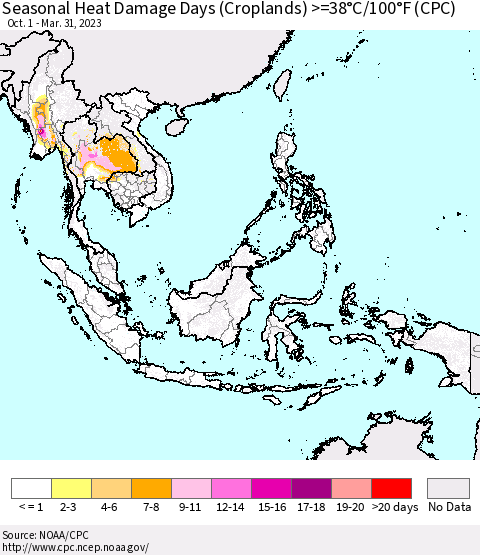 South East Asia Seasonal Heat Damage Days (Croplands) >=38°C/100°F (CPC) Thematic Map For 10/1/2022 - 3/31/2023