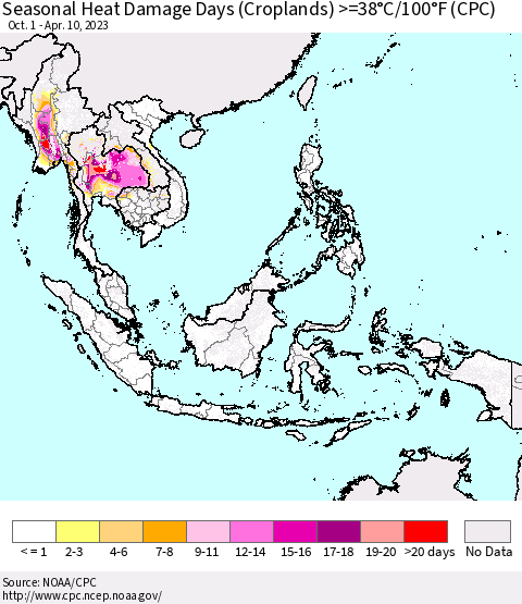 South East Asia Seasonal Heat Damage Days (Croplands) >=38°C/100°F (CPC) Thematic Map For 10/1/2022 - 4/10/2023