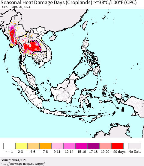 South East Asia Seasonal Heat Damage Days (Croplands) >=38°C/100°F (CPC) Thematic Map For 10/1/2022 - 4/20/2023