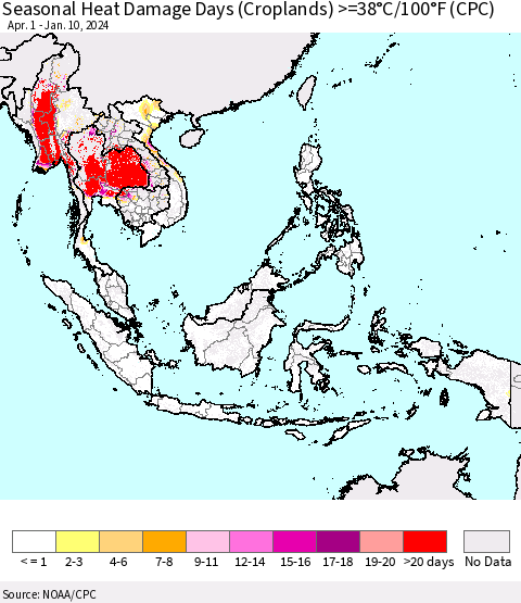 South East Asia Seasonal Heat Damage Days (Croplands) >=38°C/100°F (CPC) Thematic Map For 4/1/2023 - 1/10/2024
