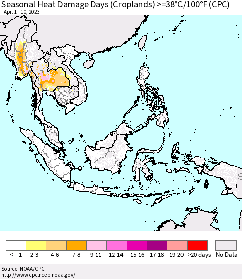 South East Asia Seasonal Heat Damage Days (Croplands) >=38°C/100°F (CPC) Thematic Map For 4/1/2023 - 4/10/2023