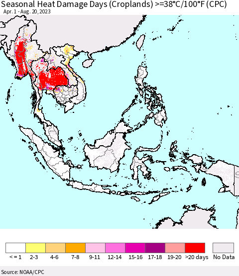 South East Asia Seasonal Heat Damage Days (Croplands) >=38°C/100°F (CPC) Thematic Map For 4/1/2023 - 8/20/2023