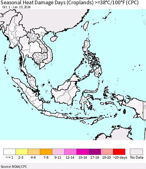 South East Asia Seasonal Heat Damage Days (Croplands) >=38°C/100°F (CPC) Thematic Map For 10/1/2023 - 1/10/2024