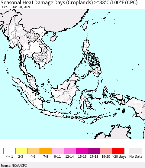 South East Asia Seasonal Heat Damage Days (Croplands) >=38°C/100°F (CPC) Thematic Map For 10/1/2023 - 1/31/2024