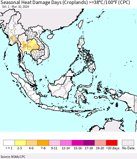 South East Asia Seasonal Heat Damage Days (Croplands) >=38°C/100°F (CPC) Thematic Map For 10/1/2023 - 3/10/2024