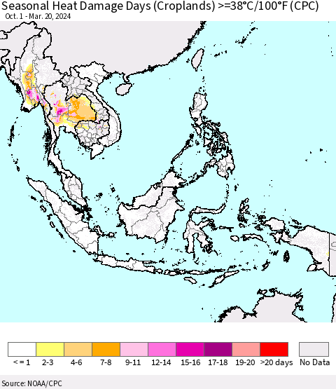 South East Asia Seasonal Heat Damage Days (Croplands) >=38°C/100°F (CPC) Thematic Map For 10/1/2023 - 3/20/2024