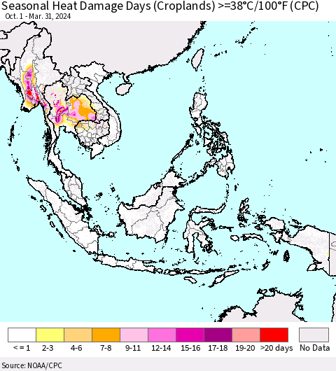South East Asia Seasonal Heat Damage Days (Croplands) >=38°C/100°F (CPC) Thematic Map For 10/1/2023 - 3/31/2024