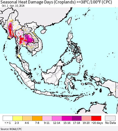 South East Asia Seasonal Heat Damage Days (Croplands) >=38°C/100°F (CPC) Thematic Map For 10/1/2023 - 4/10/2024