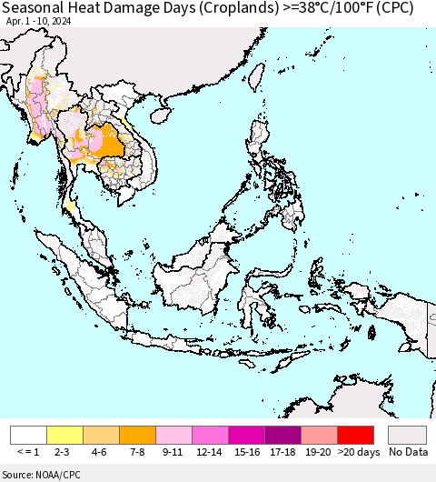 South East Asia Seasonal Heat Damage Days (Croplands) >=38°C/100°F (CPC) Thematic Map For 4/1/2024 - 4/10/2024