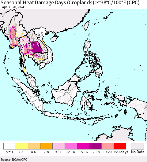 South East Asia Seasonal Heat Damage Days (Croplands) >=38°C/100°F (CPC) Thematic Map For 4/1/2024 - 4/20/2024