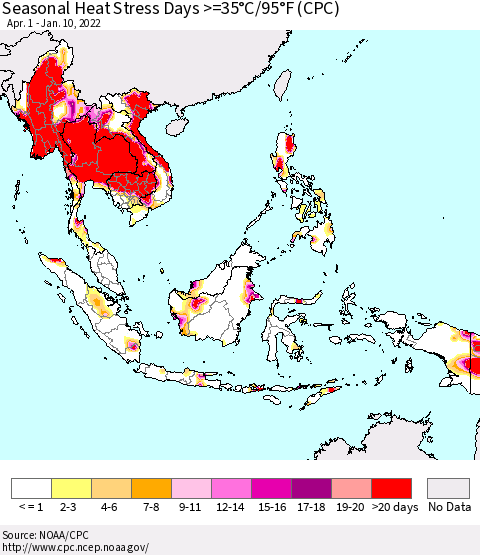 South East Asia Seasonal Heat Stress Days >=35°C/95°F (CPC) Thematic Map For 4/1/2021 - 1/10/2022
