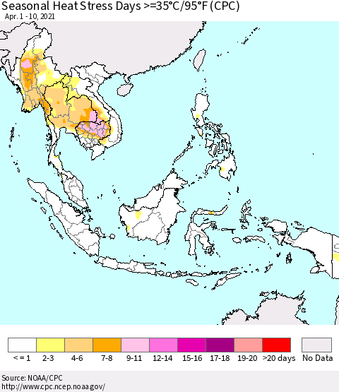 South East Asia Seasonal Heat Stress Days >=35°C/95°F (CPC) Thematic Map For 4/1/2021 - 4/10/2021