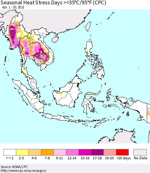 South East Asia Seasonal Heat Stress Days >=35°C/95°F (CPC) Thematic Map For 4/1/2021 - 4/20/2021
