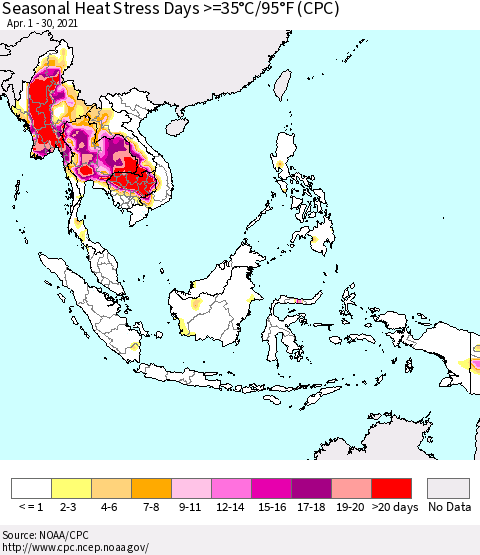 South East Asia Seasonal Heat Stress Days >=35°C/95°F (CPC) Thematic Map For 4/1/2021 - 4/30/2021
