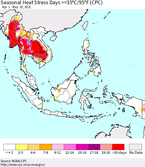 South East Asia Seasonal Heat Stress Days >=35°C/95°F (CPC) Thematic Map For 4/1/2021 - 5/10/2021