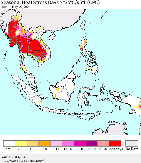 South East Asia Seasonal Heat Stress Days >=35°C/95°F (CPC) Thematic Map For 4/1/2021 - 5/20/2021
